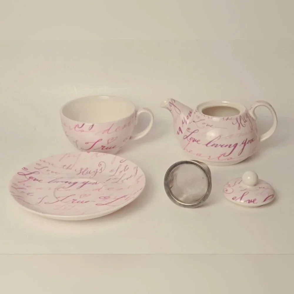 Tea For One Teapot Cup Saucer Set Pink Script Romantic Gift Set